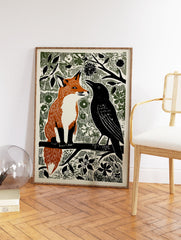 Woodcut style illustration print of an orange fox and a black crow sitting on a branch amidst green foliage. - Image 2