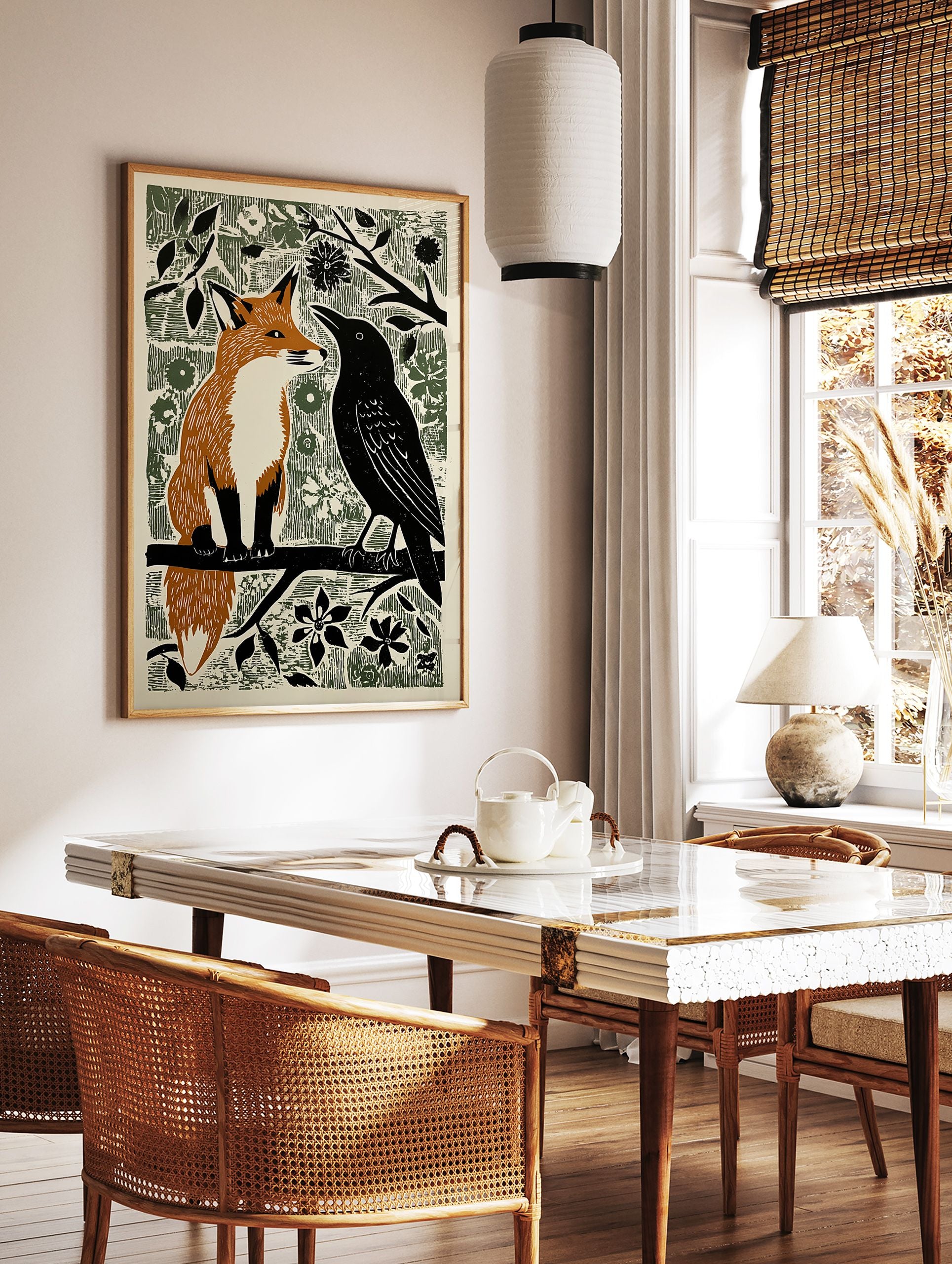 Woodcut style illustration print of an orange fox and a black crow sitting on a branch amidst green foliage. - Image 3