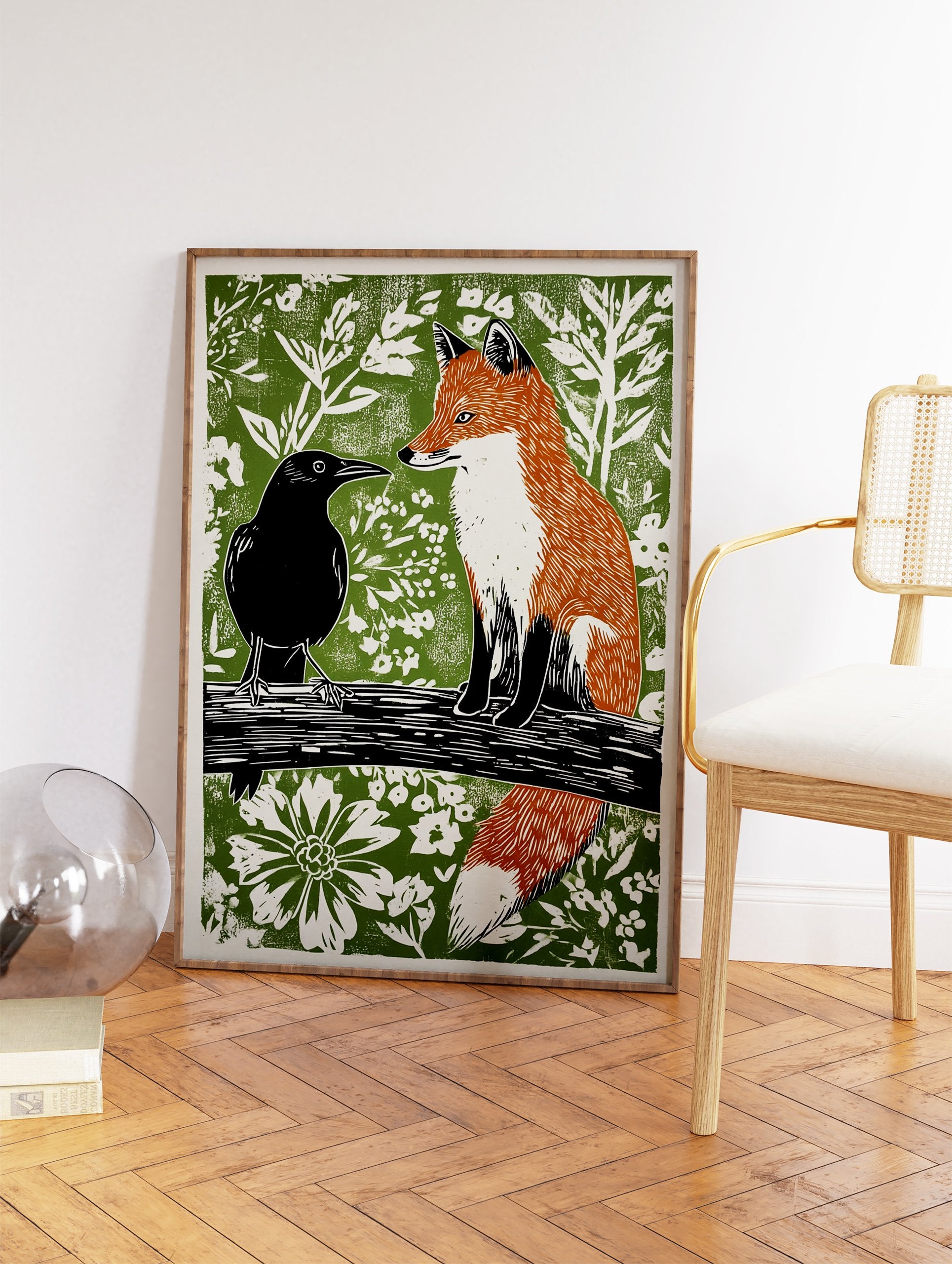 Linocut style art print depicting a black crow and an orange fox on a branch against a green botanical background. - Image 2