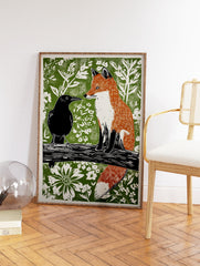 Linocut style art print depicting a black crow and an orange fox on a branch against a green botanical background. - Image 2