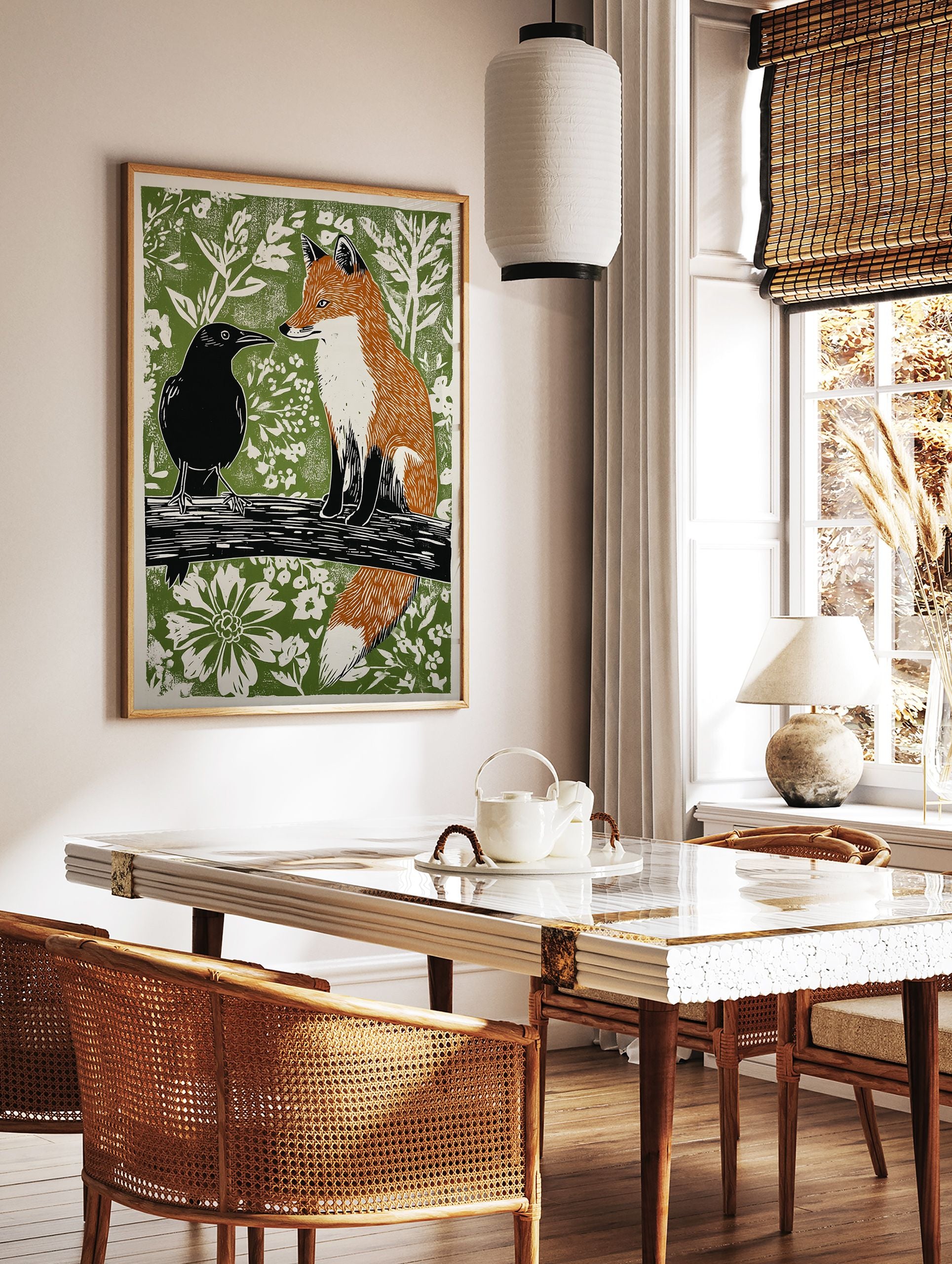Linocut style art print depicting a black crow and an orange fox on a branch against a green botanical background. - Image 3