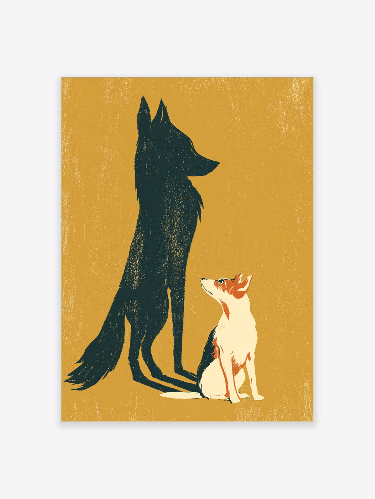 Fox and dog silhouette art print with dark fox and seated terrier on mustard yellow background