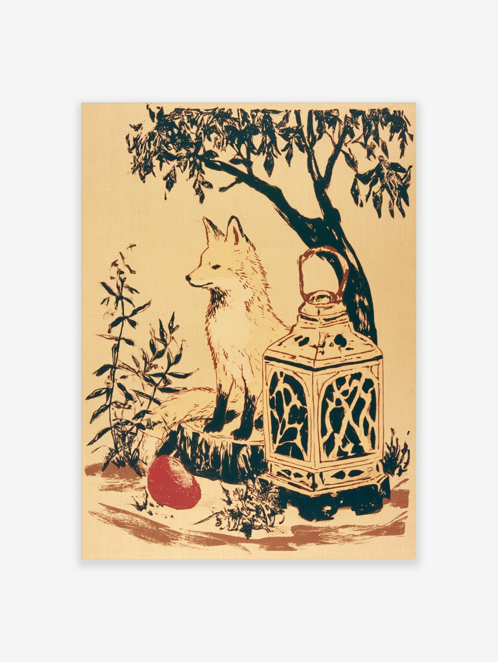 Illustrative fox sitting on a stump with a lantern and red fruit, woodland art print on cream background