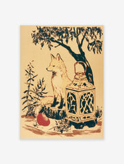 Illustrative fox sitting on a stump with a lantern and red fruit, woodland art print on cream background