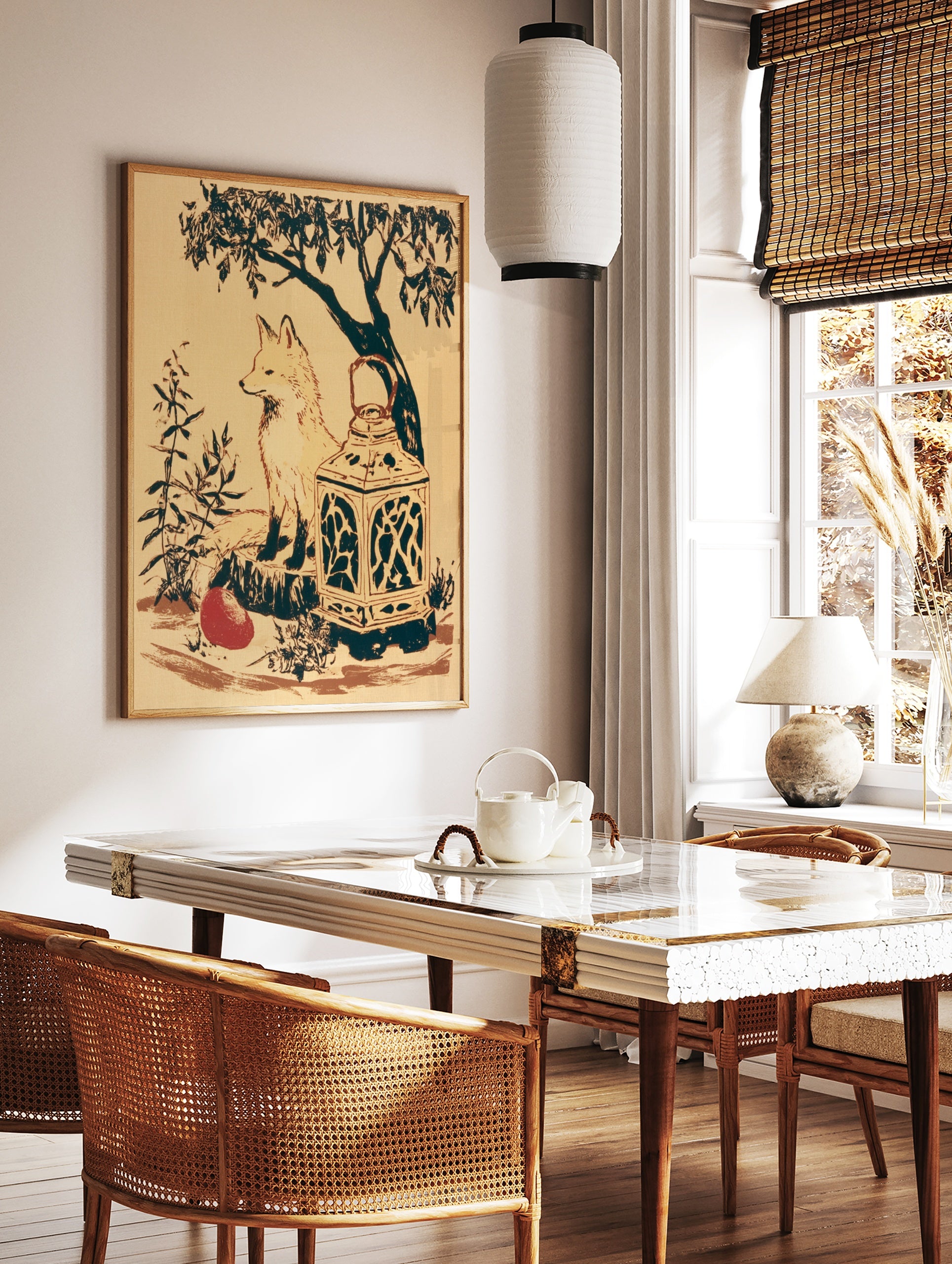 Illustrative fox sitting on a stump with a lantern and red fruit, woodland art print on cream, in a styled room mockup