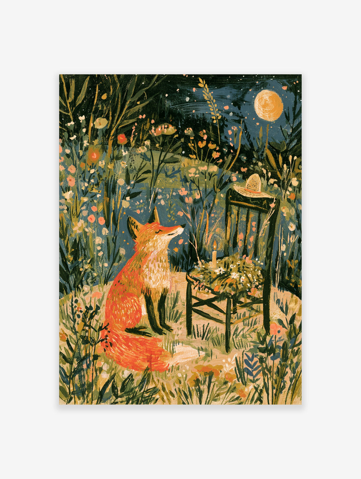 Red fox sitting by a candlelit chair with straw hat in a moonlit garden, botanical night art print