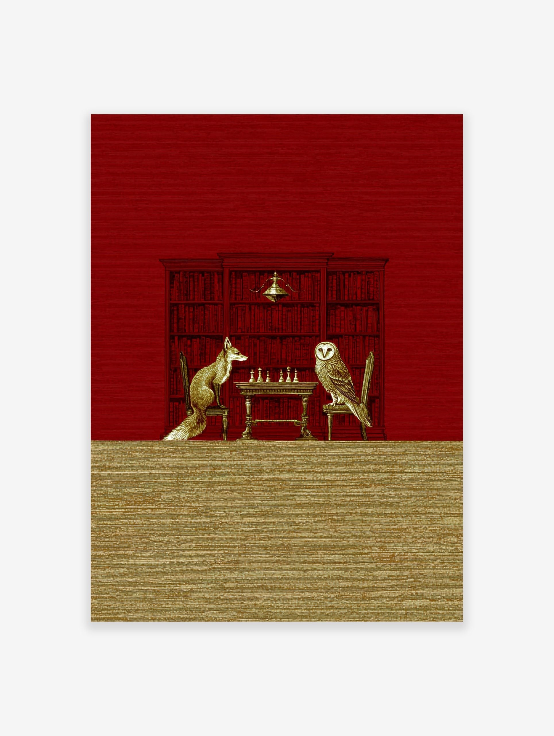 Illustrative print of a fox and an owl playing chess at a table, against a red bookshelf background