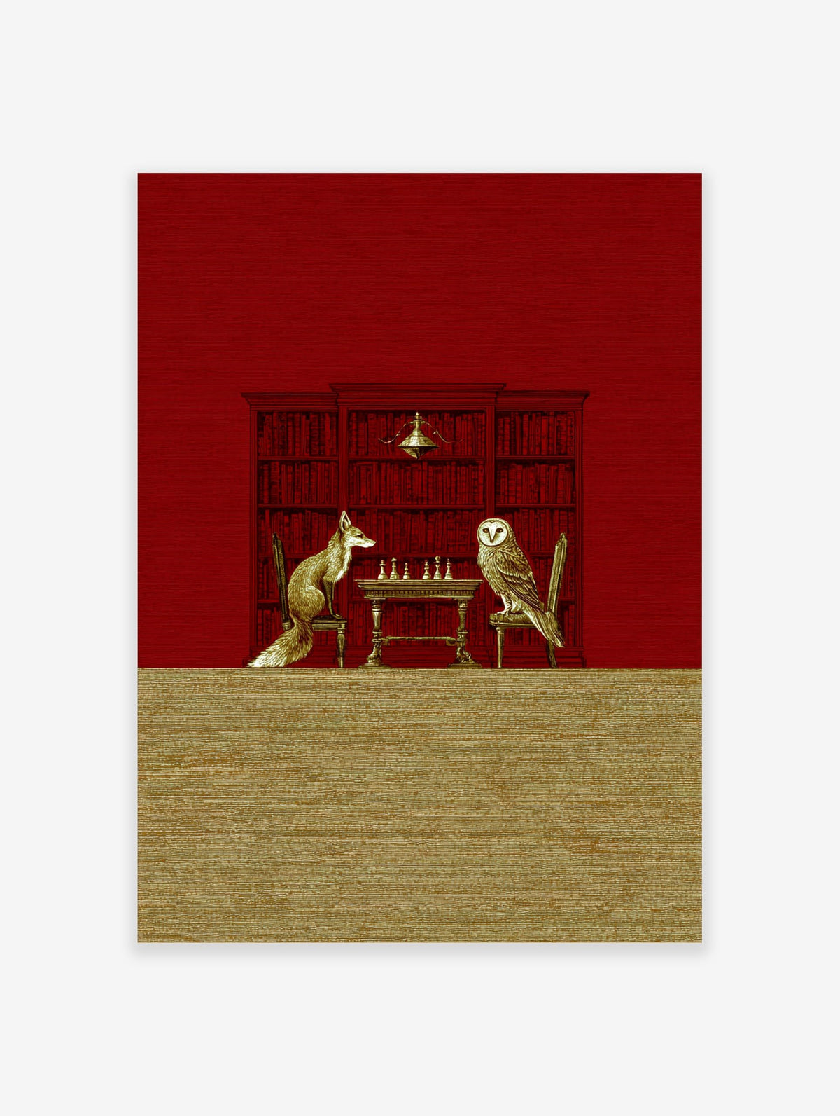 Illustrative print of a fox and an owl playing chess at a table, against a red bookshelf background
