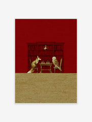 Illustrative print of a fox and an owl playing chess at a table, against a red bookshelf background