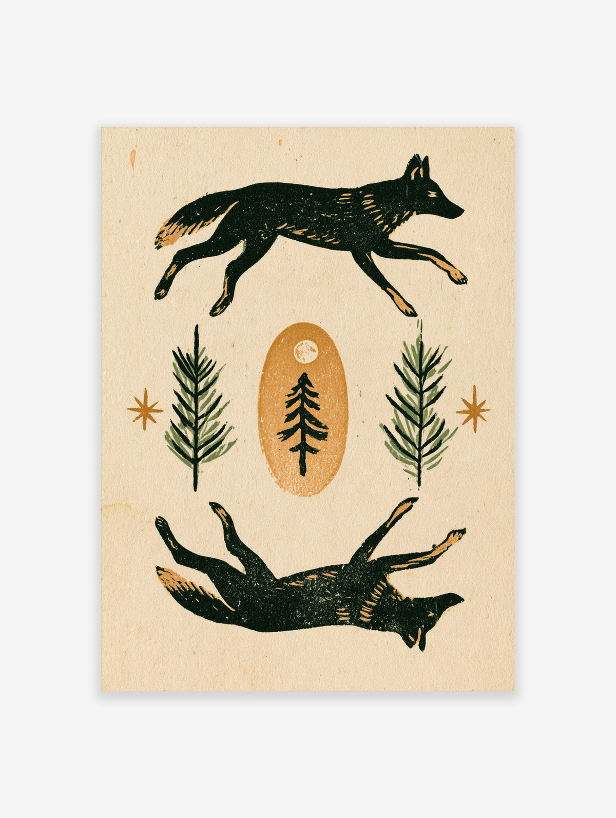 Fox and pine tree poster with running and leaping foxes, fir trees, and moon motif in black, tan, and green