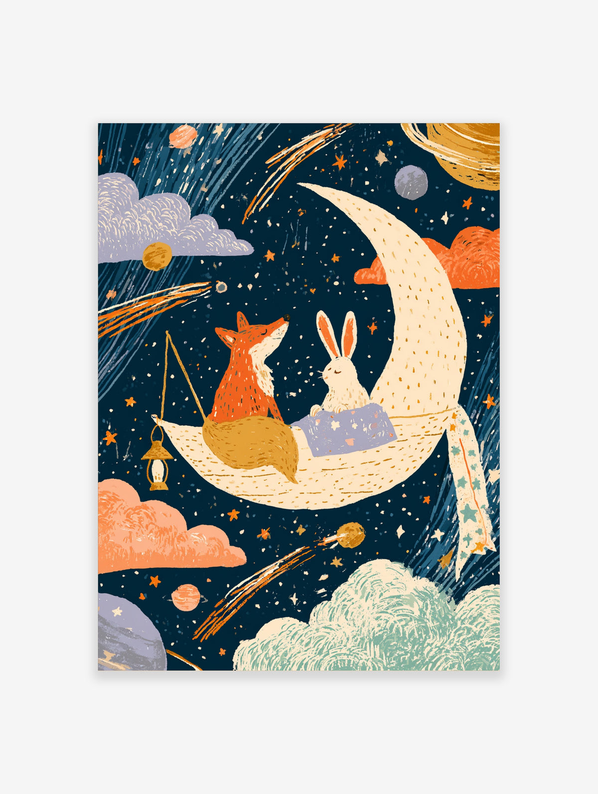 Fox and rabbit on a crescent moon with shooting stars and planets, celestial nursery art print