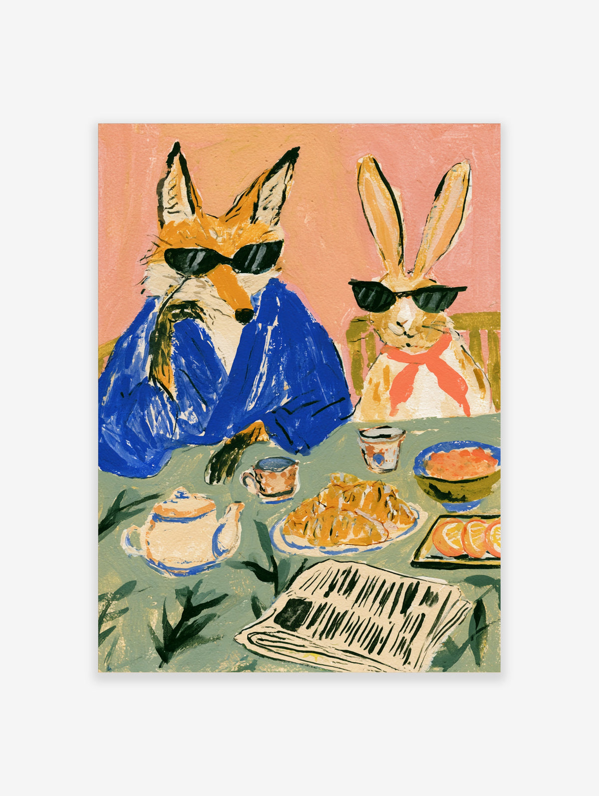 Fox and rabbit in sunglasses at a table with teapot, pastries and newspaper, colourful animal poster