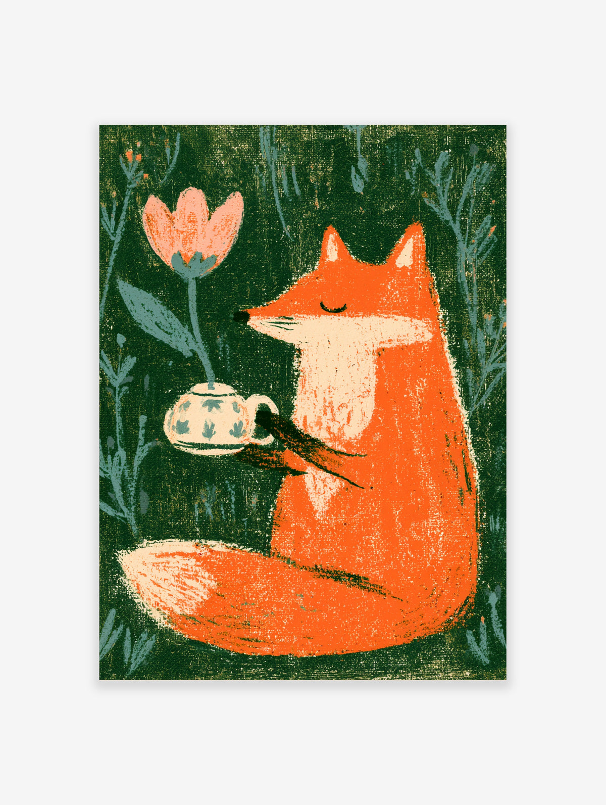 Orange fox holding a teacup beside a pink flower on a dark green background, illustrated paper print