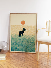 Teal fox in tall grass under an orange sun in a modern woodcut style art print on a light background - Image 2
