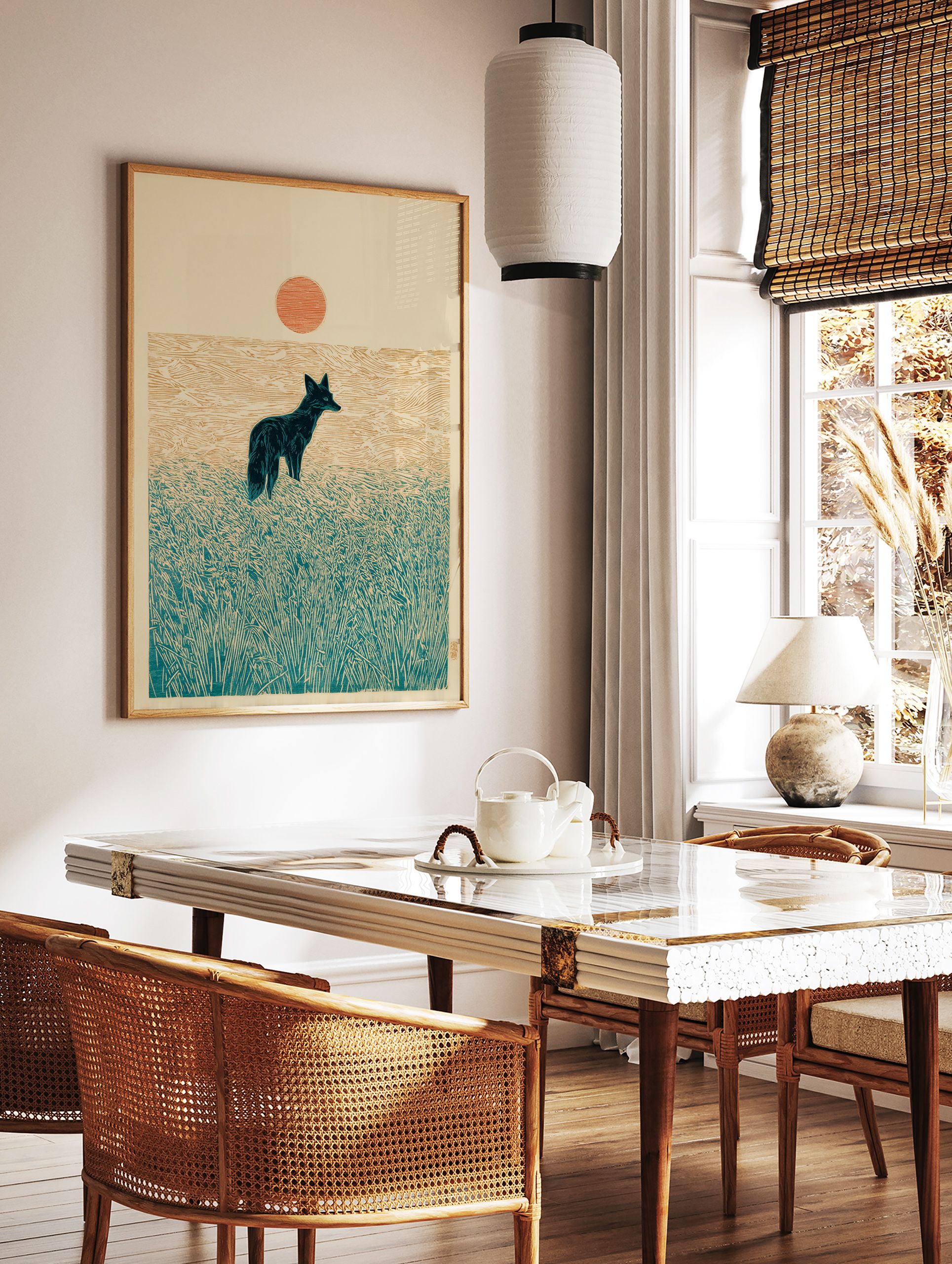 Teal fox in tall grass under an orange sun in a modern woodcut style art print on a light background - Image 3