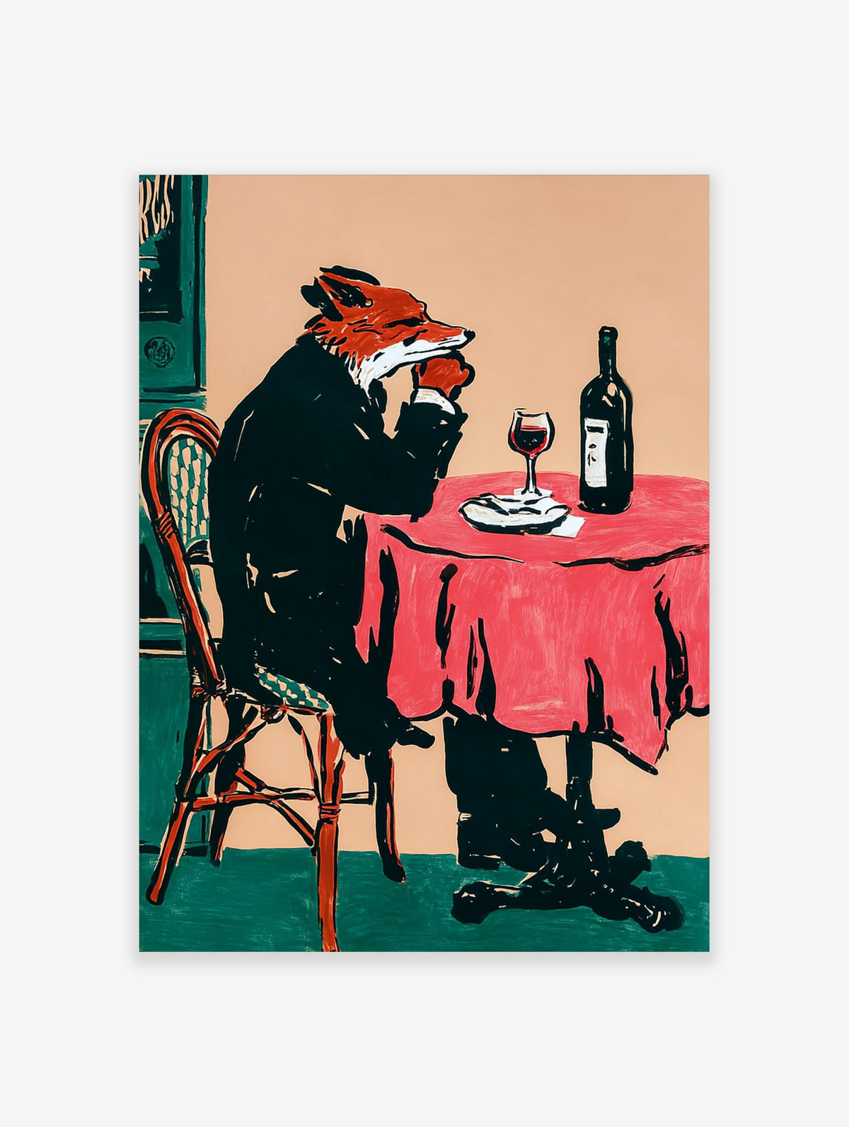 Illustrative print of a fox in a suit drinking red wine at a table with a red tablecloth