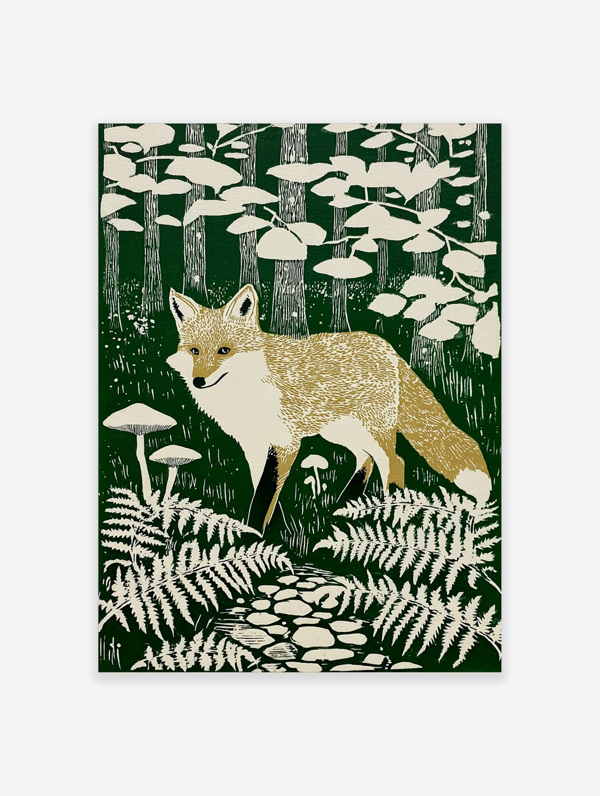 Illustrative fox print in a dark green forest with beige ferns, mushrooms, trees, and a stone path
