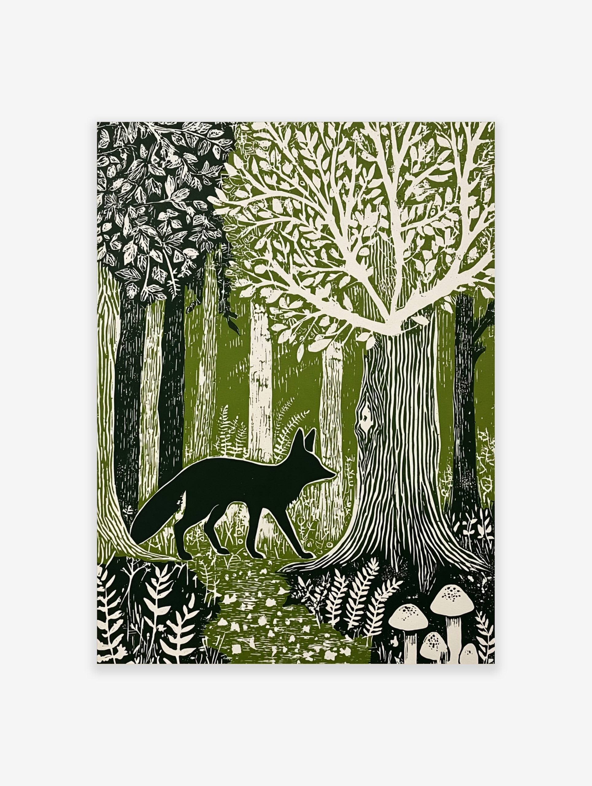 Linocut style forest art print with dark fox walking among green and white trees, ferns, and mushrooms