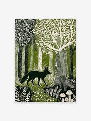 Linocut style forest art print with dark fox walking among green and white trees, ferns, and mushrooms