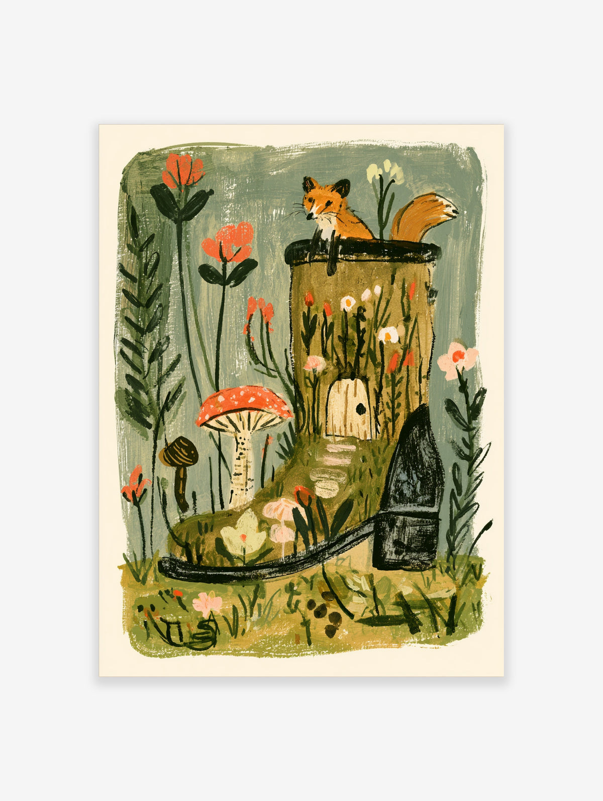 Whimsical fox in a mossy boot with a tiny door, red toadstools, and wildflowers art print