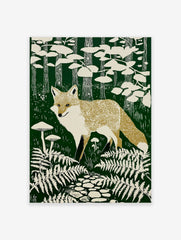 Linocut style art print of a golden-tan fox standing among white ferns and mushrooms in a dark green forest