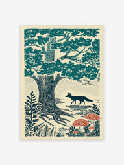 Illustrative teal and red print of a fox walking past oak trees and mushrooms in a forest