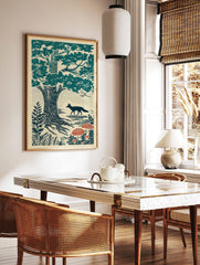 Illustrative teal and red print of a fox walking past oak trees and mushrooms in a forest, in a styled room mockup