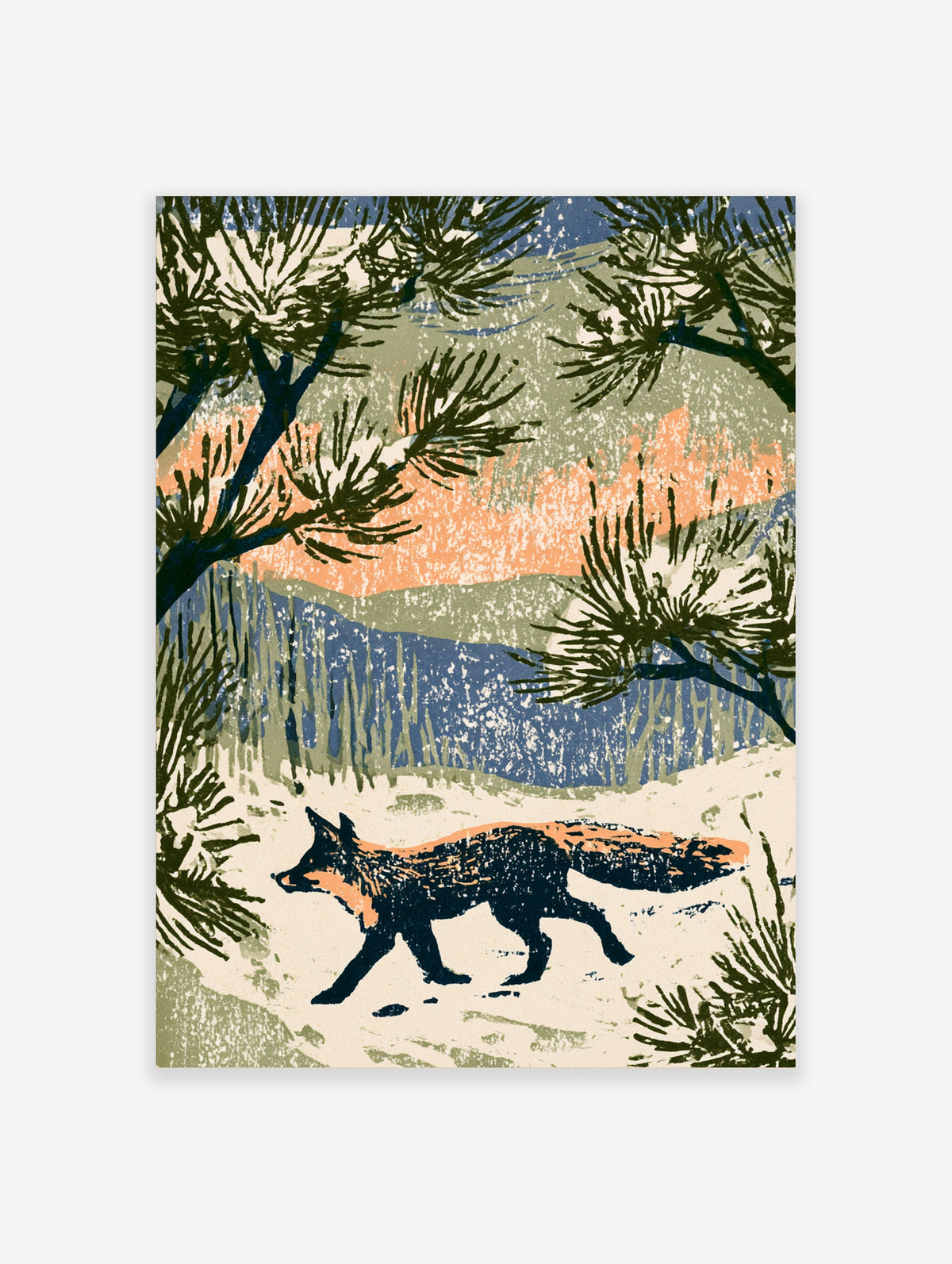 Woodcut style fox walking through snow beneath pine branches with coral sky and blue hills