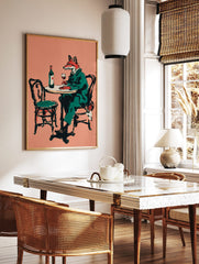 Illustrative print of a fox in a green suit sitting at a table with a bottle and glass of red wine, in a styled room mockup