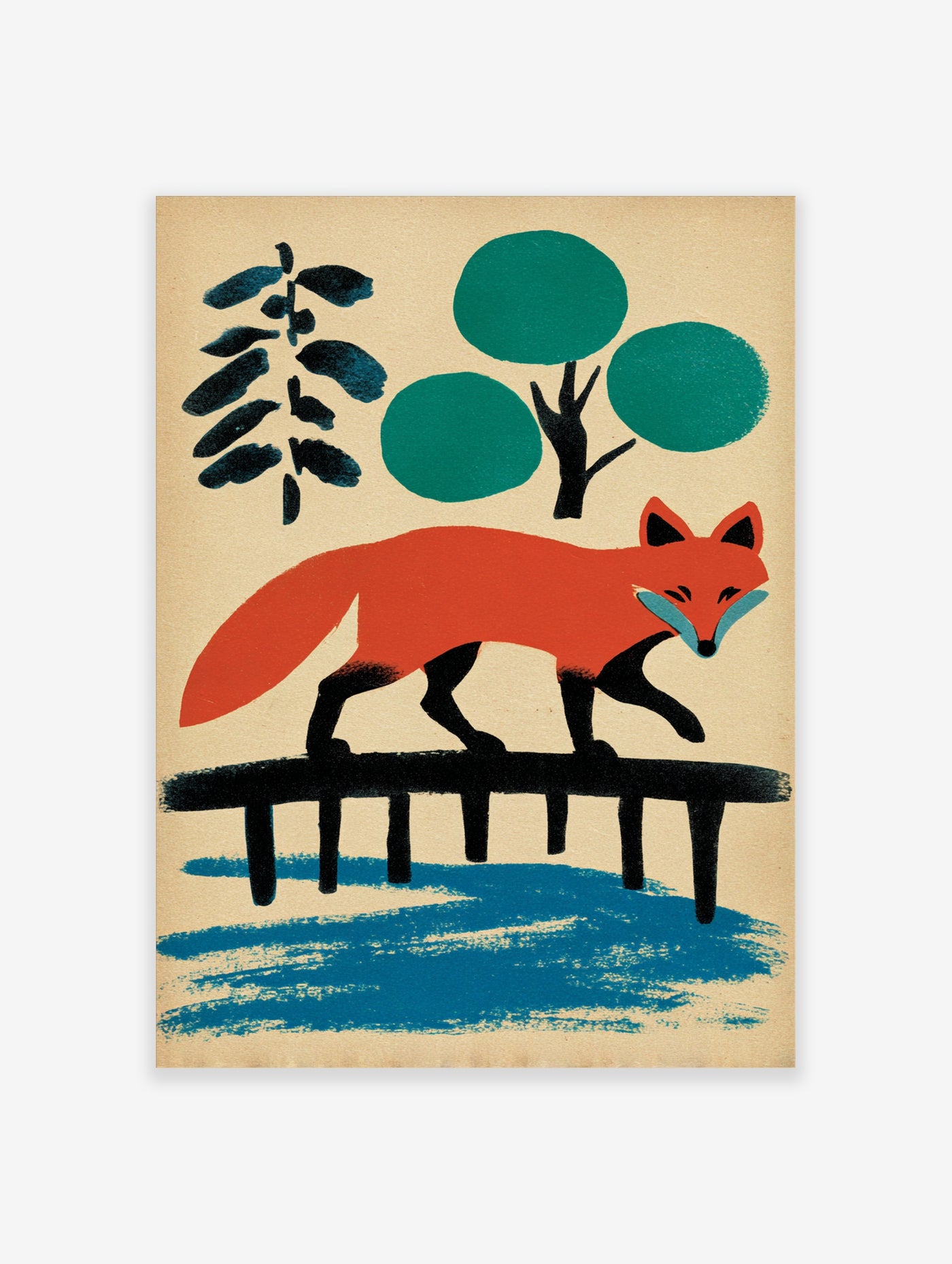 Orange fox walking on black bridge with teal trees and blue water, stylised animal illustration print