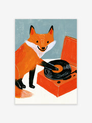 Illustration of an orange fox playing a black vinyl record on an orange turntable against a soft blue background