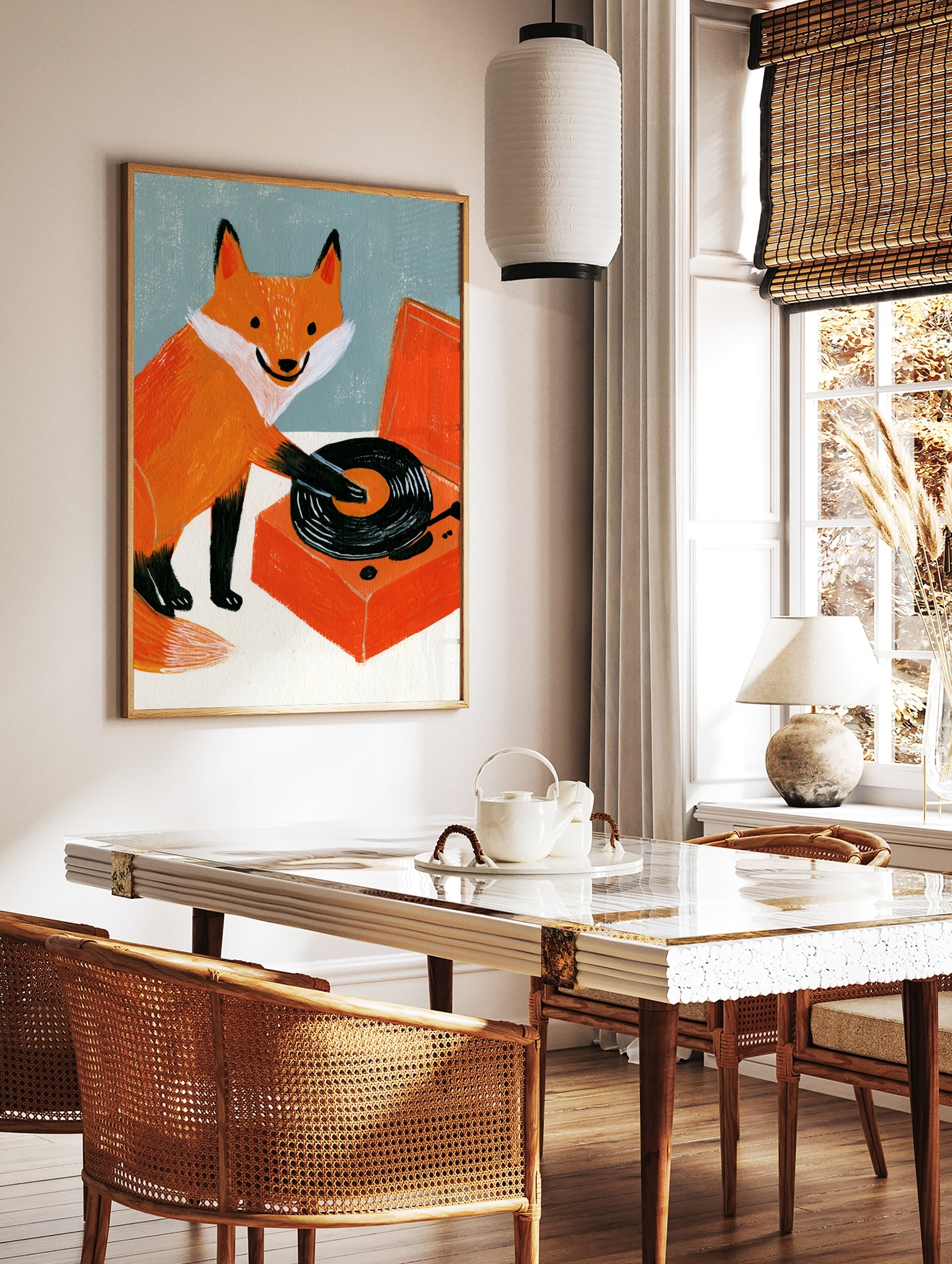 Illustration of an orange fox playing a black vinyl record on an orange turntable against a soft, in a styled room mockup