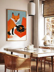 Illustration of an orange fox playing a black vinyl record on an orange turntable against a soft, in a styled room mockup