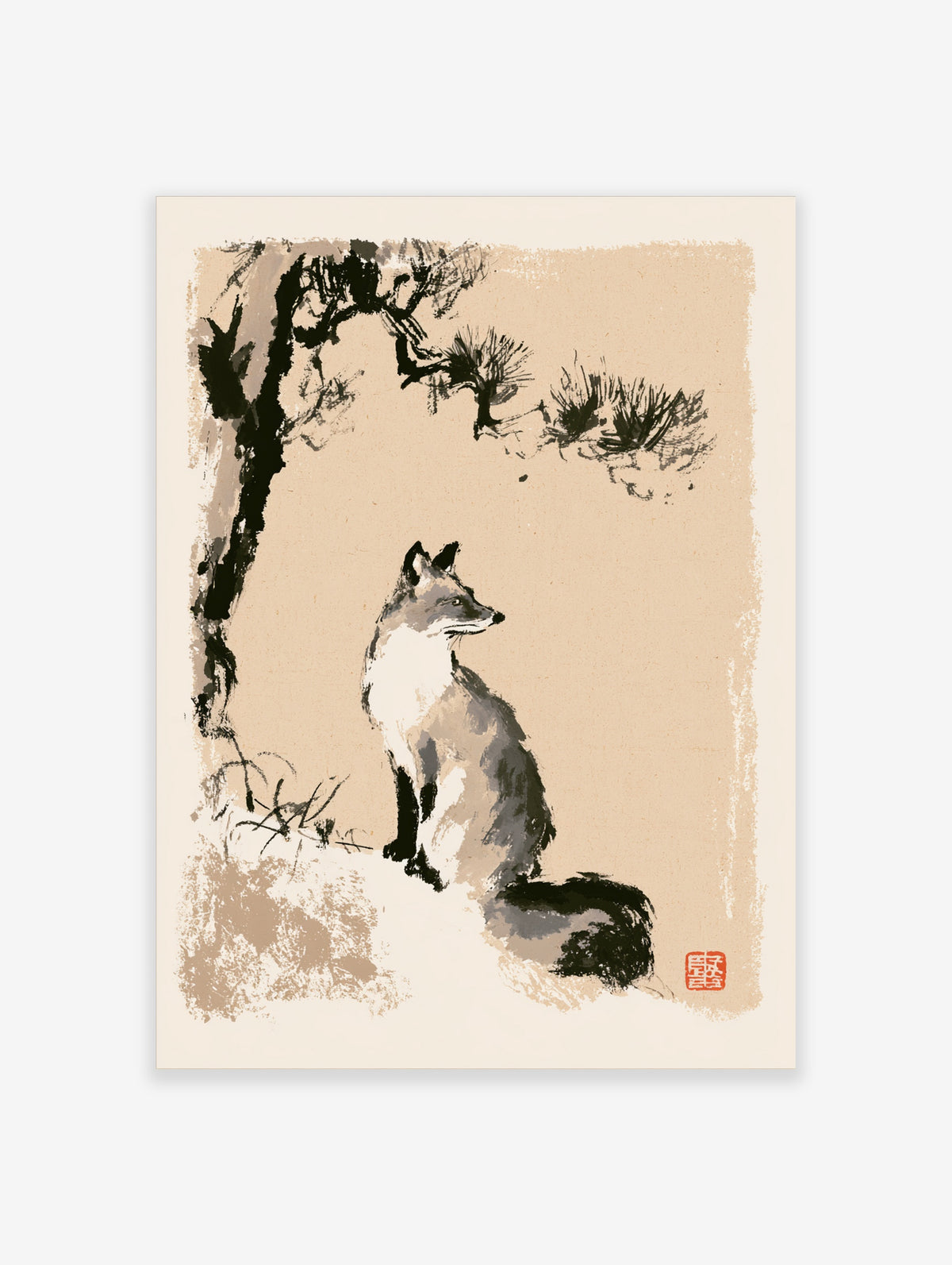 Japanese ink style fox poster with seated fox, pine branch, red seal on beige background