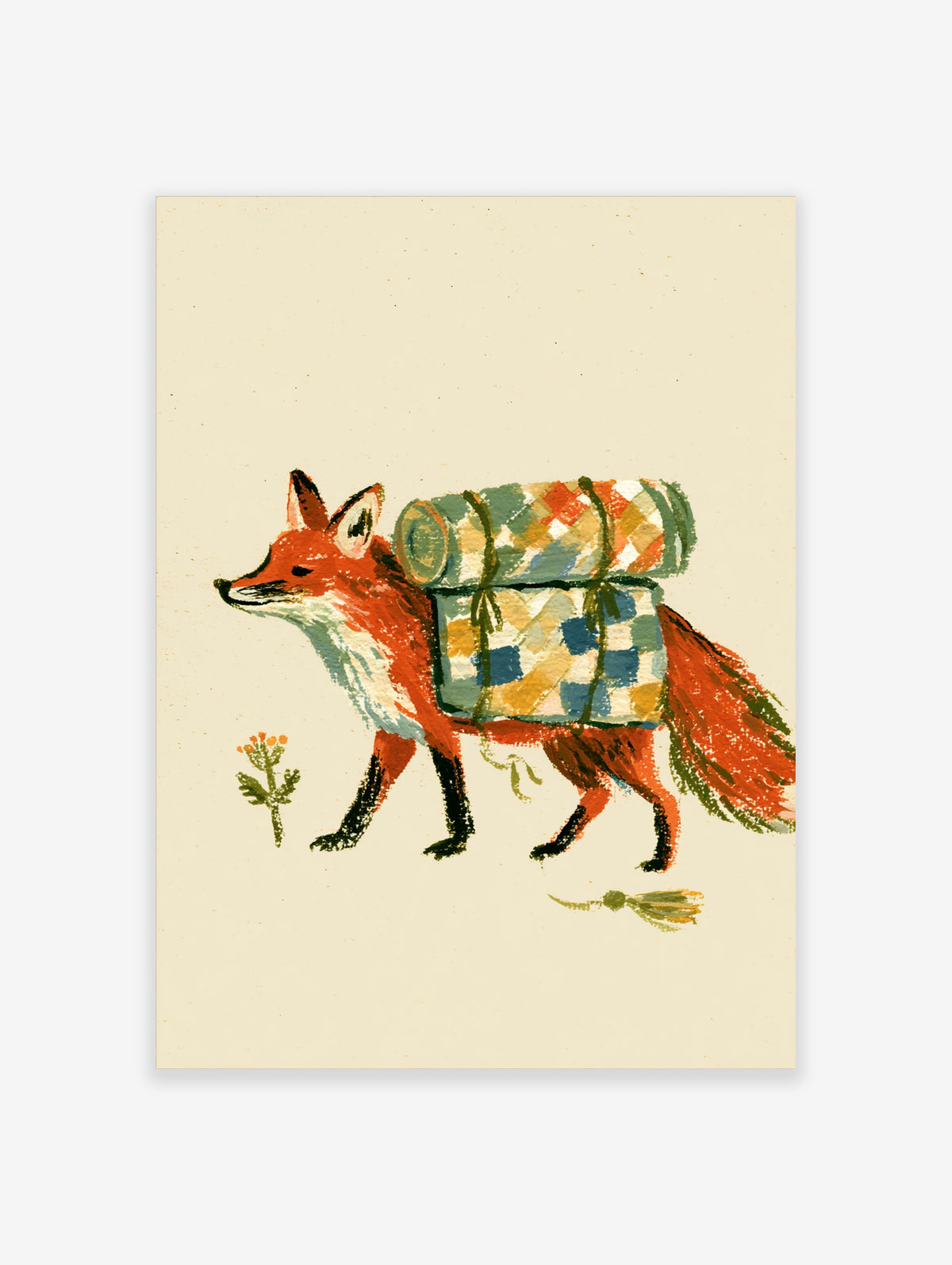 Illustrated fox carrying a chequered bedroll, walking past a small flower on a cream background