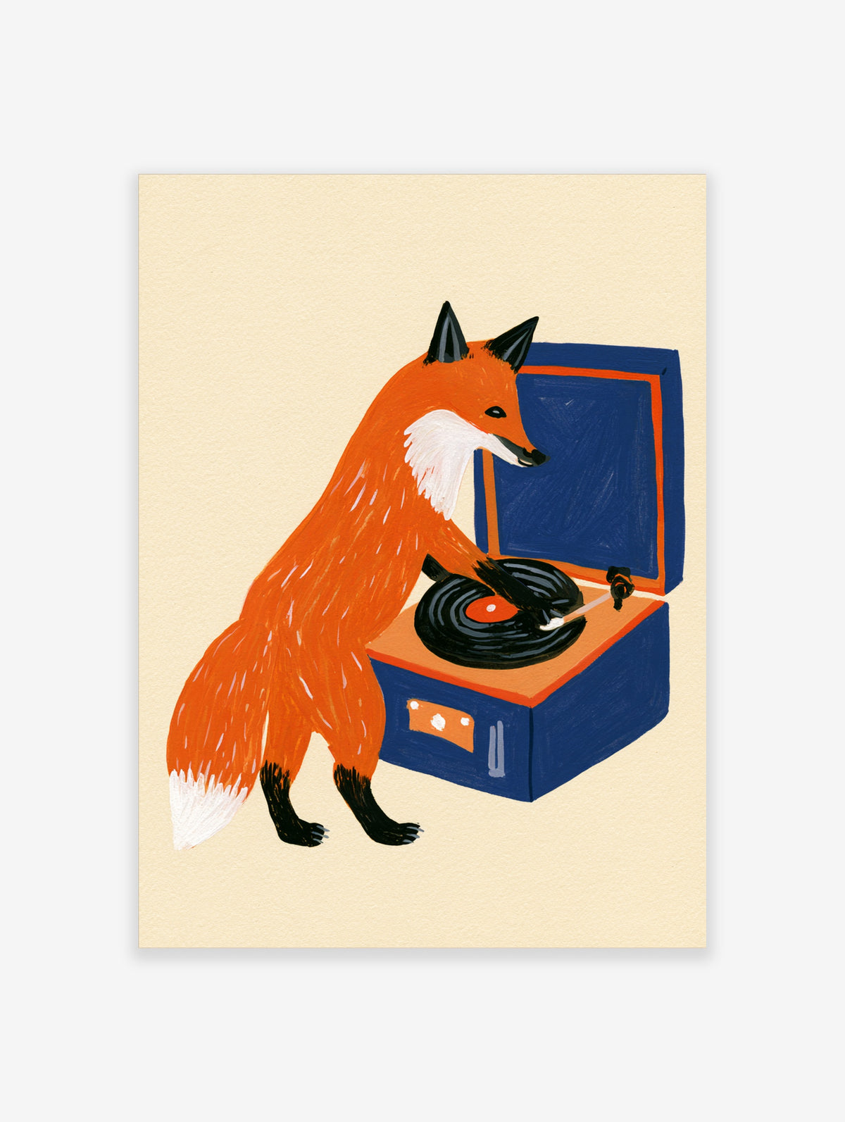 Stylized red fox operating a blue vinyl record player, illustrative art print on a neutral background