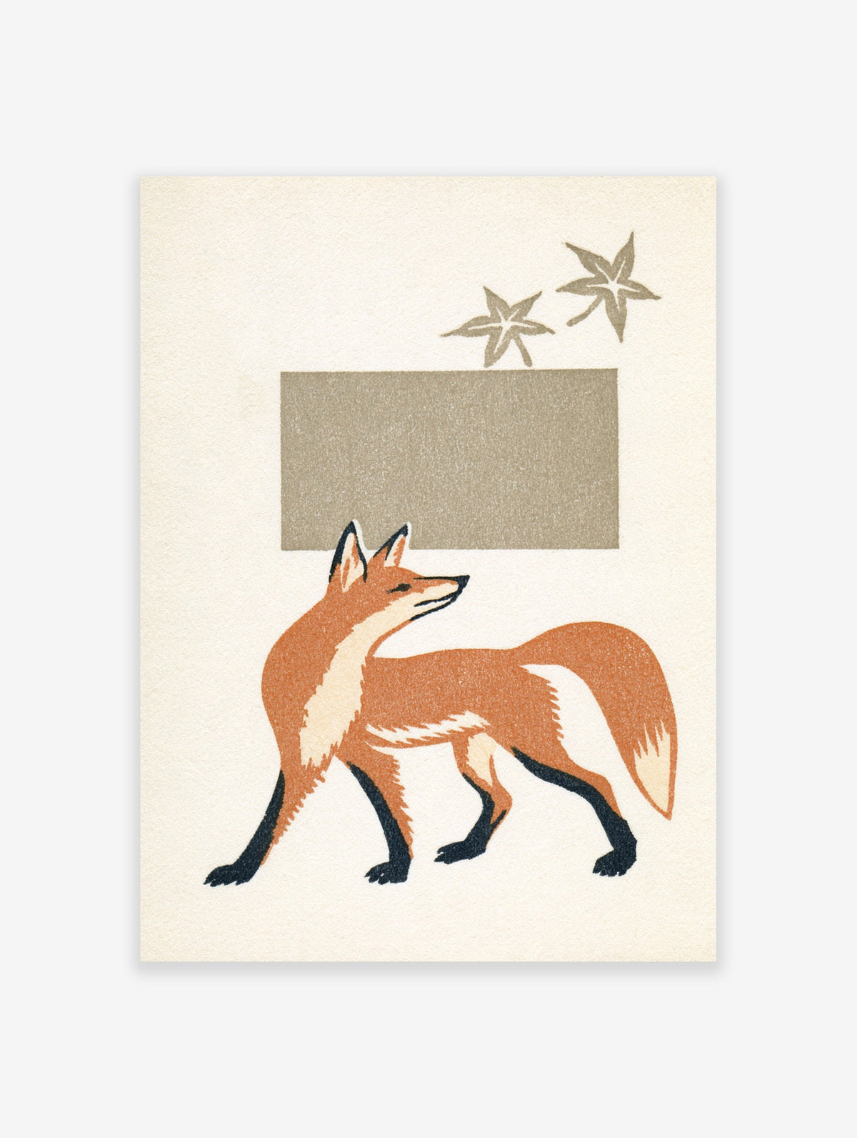 Minimalist fox illustration with two maple leaves and a rectangular block on a light background, animal wall art print