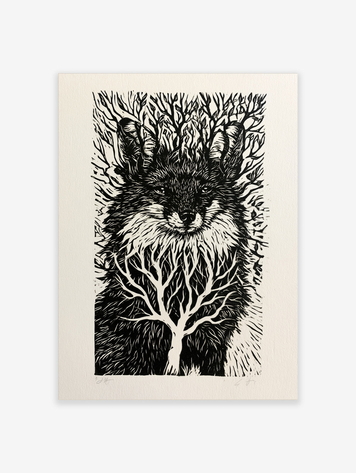Fox head portrait with tree branch silhouettes in a monochromatic illustrative woodcut style on white paper