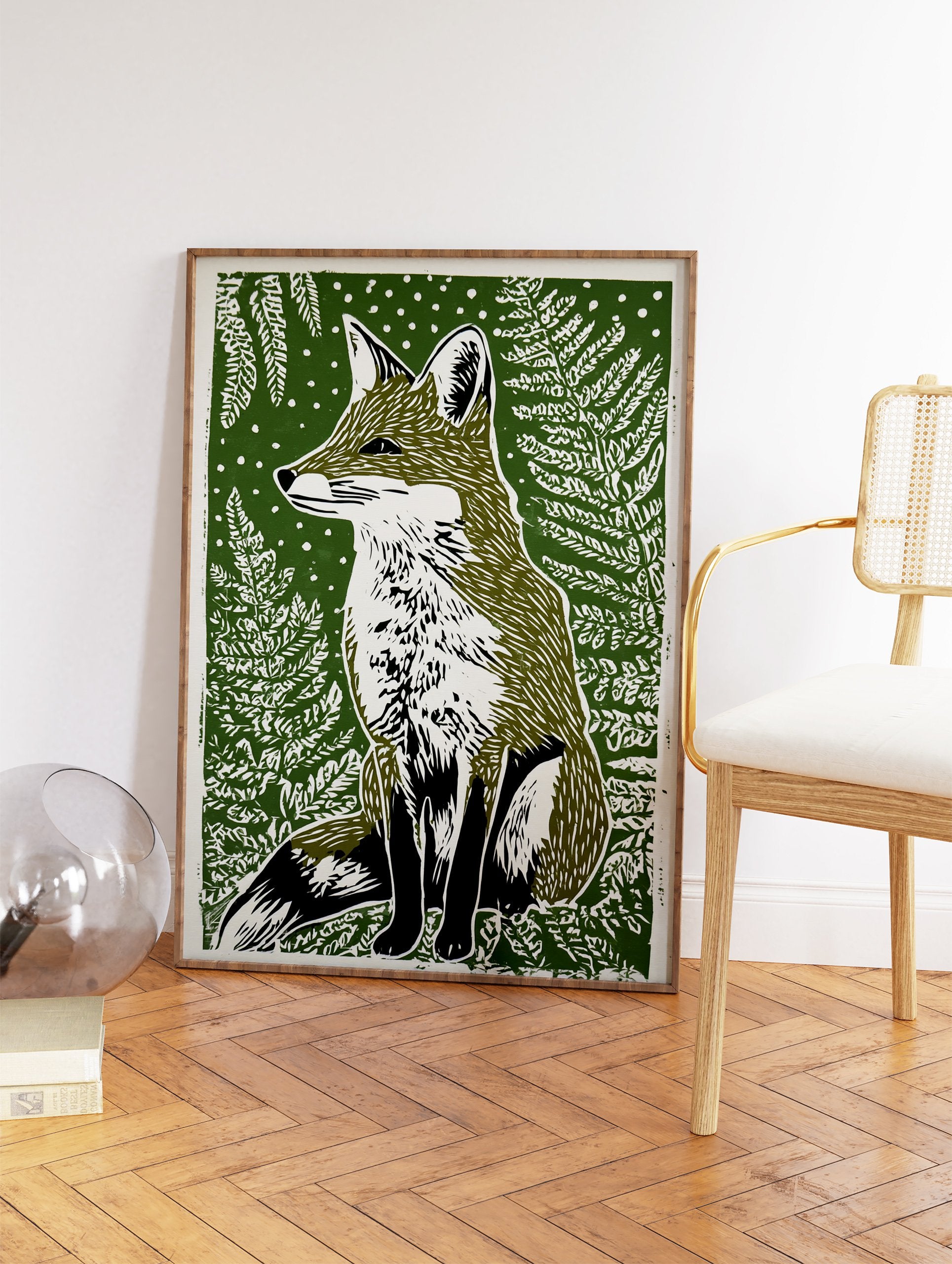Green lino print of a sitting fox surrounded by ferns, capturing wildlife and nature's beauty - Image 2