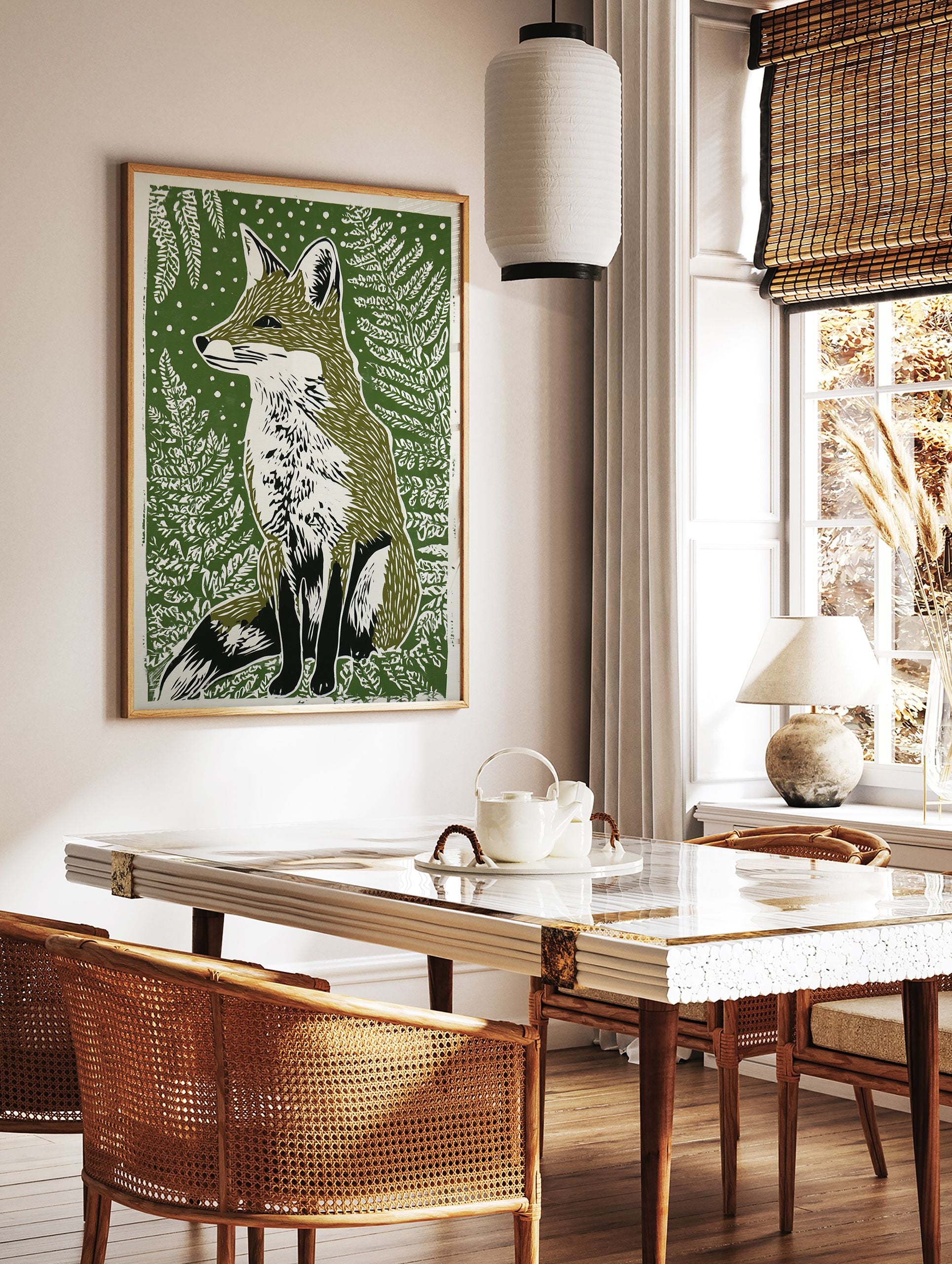Green lino print of a sitting fox surrounded by ferns, capturing wildlife and nature's beauty - Image 3