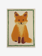 Illustrated fox wall art print with an orange and brown sitting fox and a green wavy border on a light background.