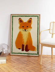 Illustrated fox wall art print with an orange and brown sitting fox and a green wavy border on a light background. - Image 2