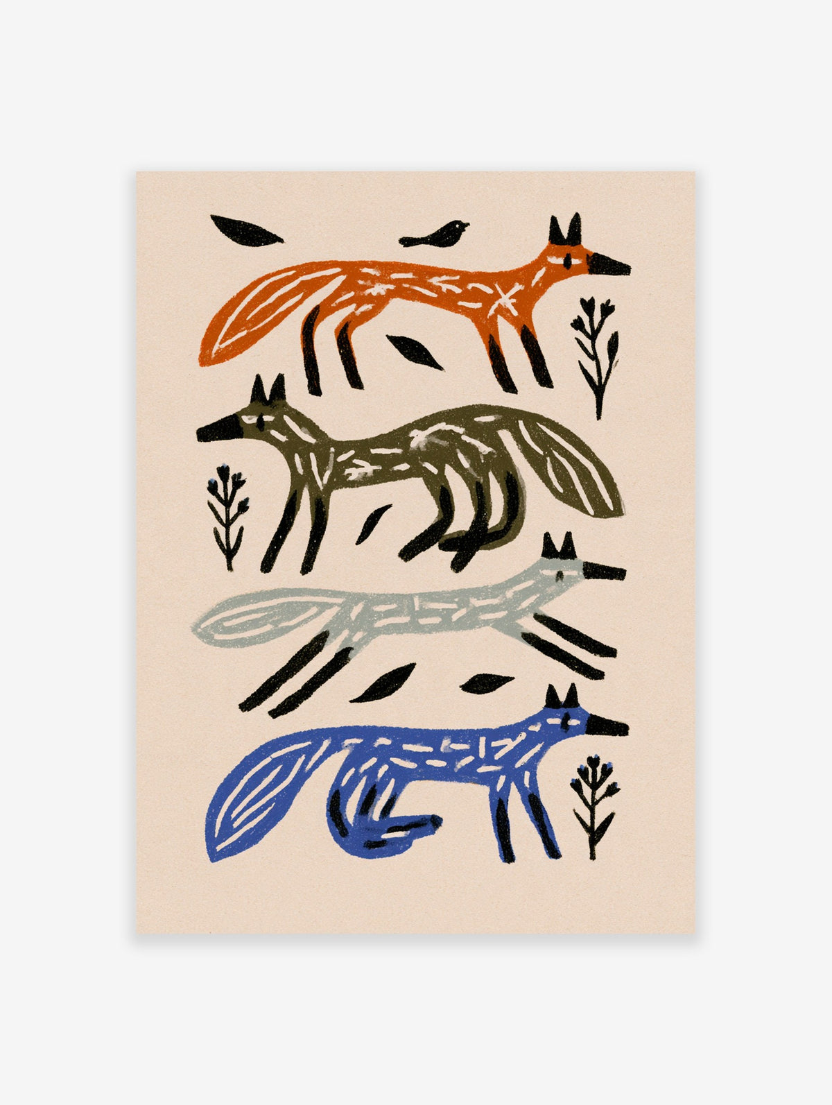Four stylized foxes in orange, olive, grey, and blue with bird and leaf motifs on a neutral paper background