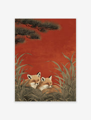 Two Japanese style foxes nestled in green foliage under pine branches against a red background, "Fox Wall Art".