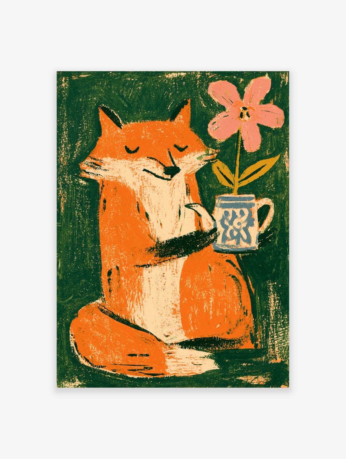 Orange fox art print sitting with pink flower in blue mug on green background