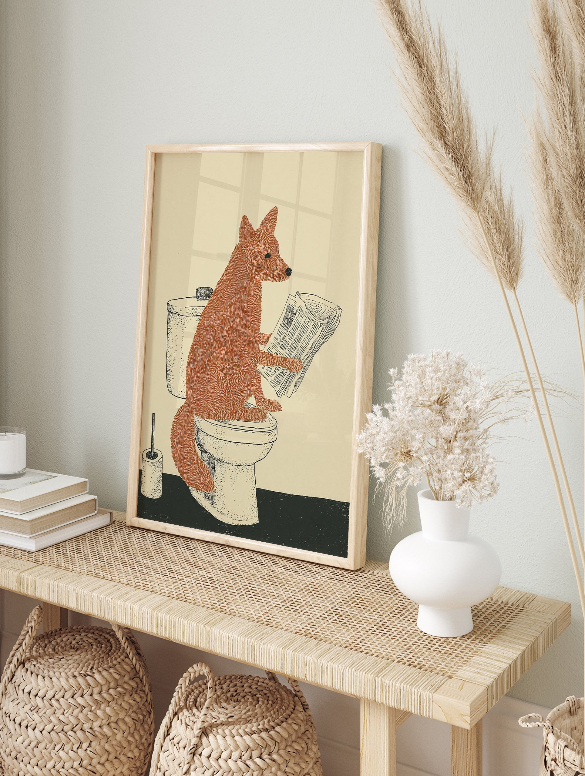 Humorous fox wall art illustration of an orange fox sitting on a toilet reading a newspaper with a toilet brush holder - Image 3