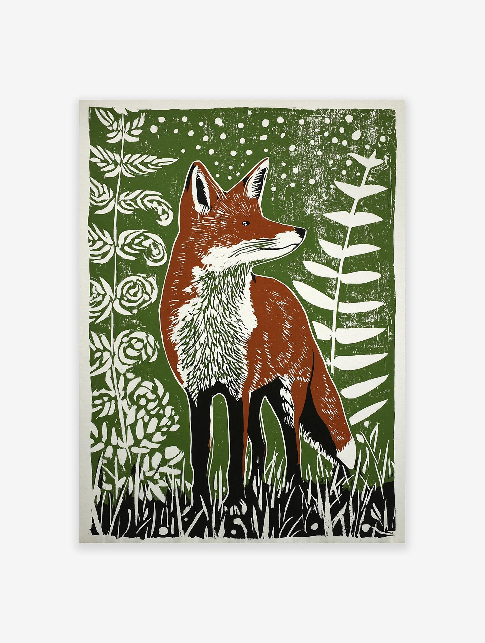 Illustrated fox art print with brown fox, green background, and white plants in a woodland scene.
