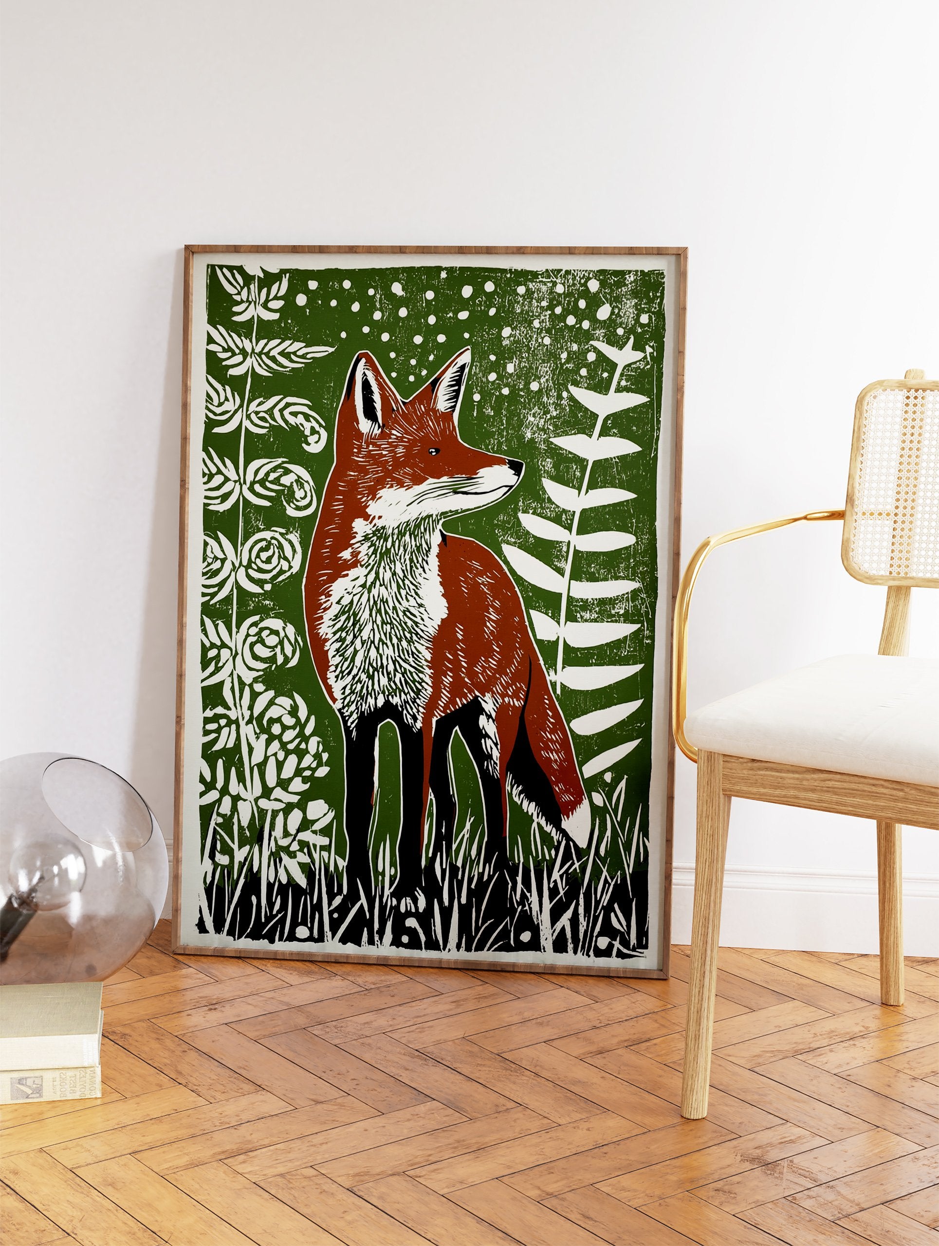 Illustrated fox art print with brown fox, green background, and white plants in a woodland scene. - Image 2