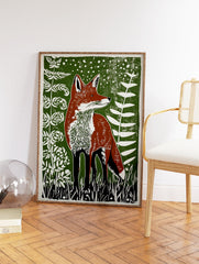 Illustrated fox art print with brown fox, green background, and white plants in a woodland scene. - Image 2