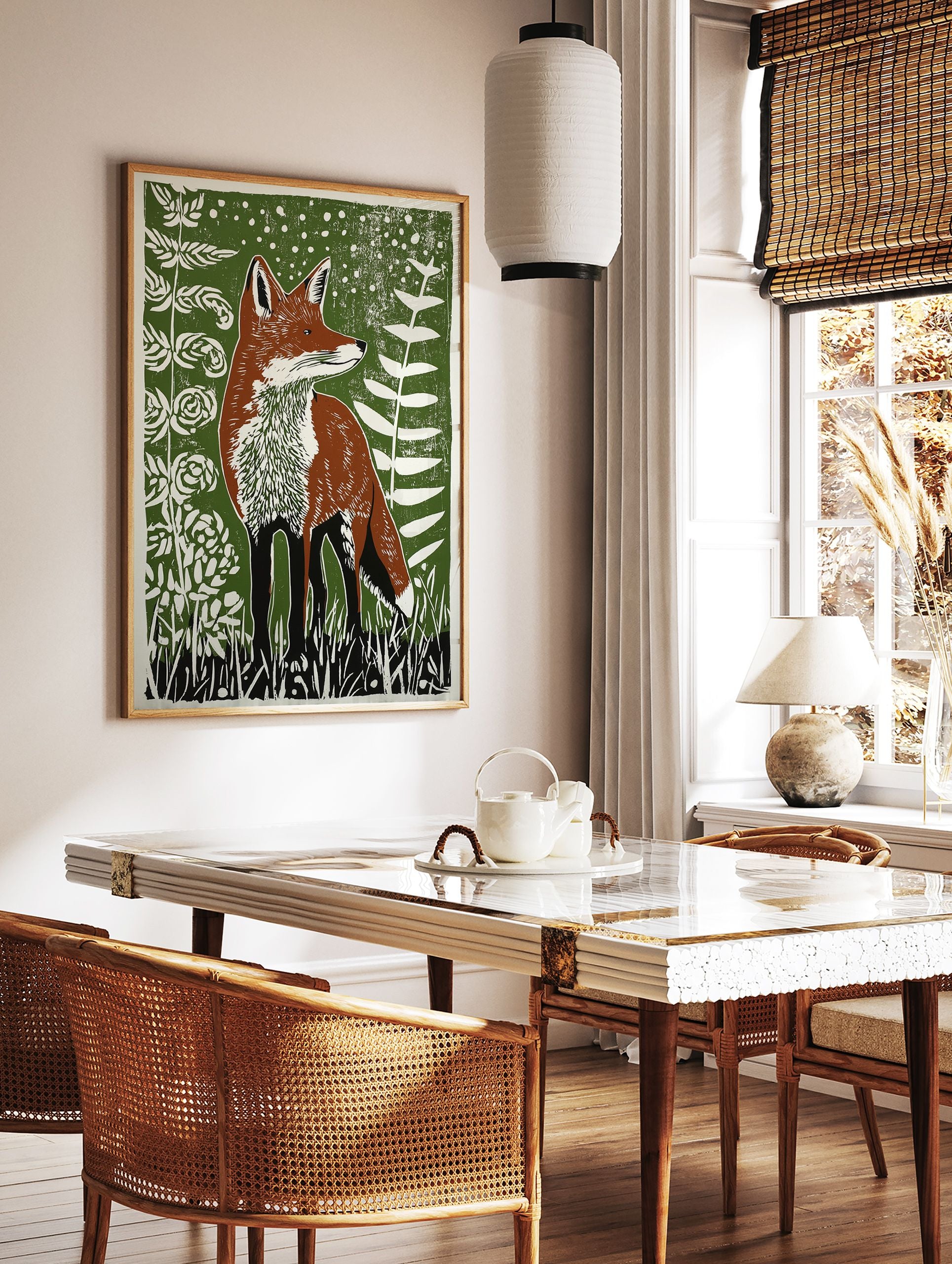 Illustrated fox art print with brown fox, green background, and white plants in a woodland scene. - Image 3
